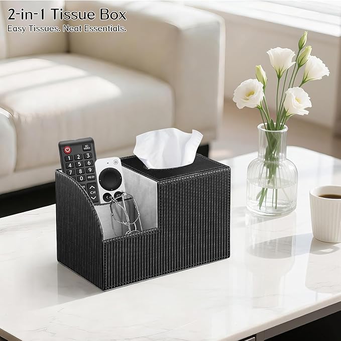 Fanousy Tissue Box Cover Square with Storage, PU Leather Cube Tissue Box Holder, Multifunction Remote Control Nightstand Organizer, Modern Desk Caddy for End Table, Bathroom, Home, Office Decor