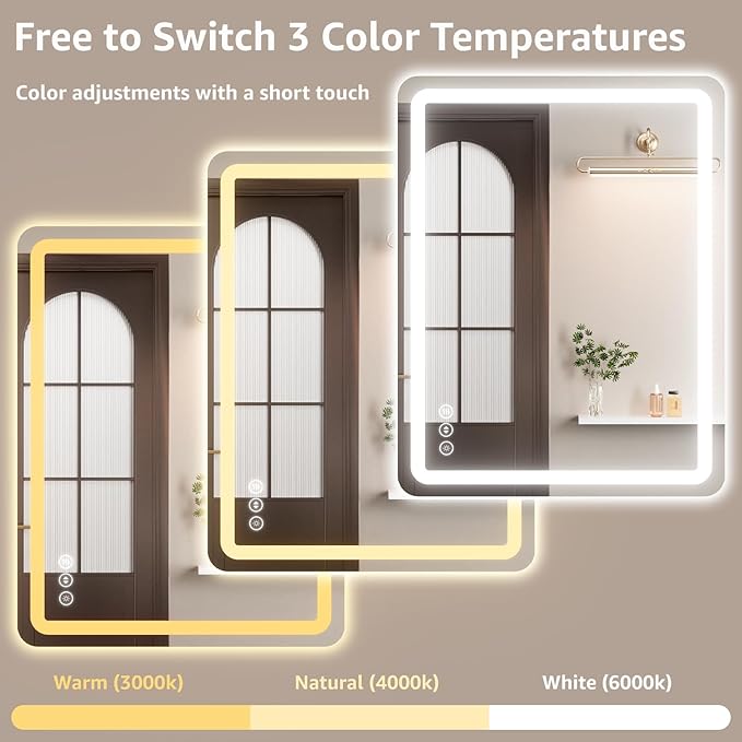 55" x 36" Led Bathroom Mirror with Lights, Anti-Fog & Tri-Color Lighting - Wall Mounted Shaving Mirror with Touch Sensor, Waterproof & Smart LED Vanity Mirror,Tempered Glass, Dimmable Smart Mirror