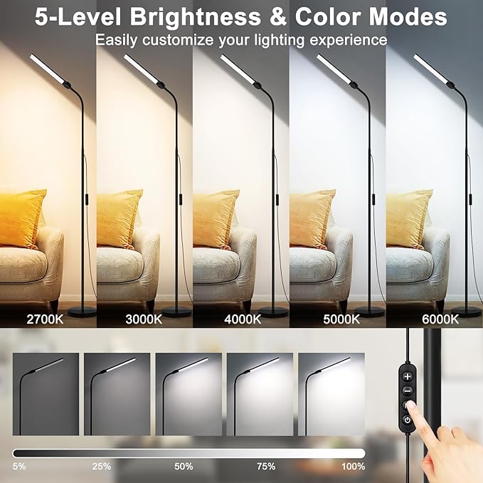 LED Floor Lamp, 18W/2000LM Bright Reading Floor Lamp for Office with Double Head, Adjustable Gooseneck Dimmable Modern Standing Light for Lash Extension Craft, Eye Caring Floor Lamps for Living Room