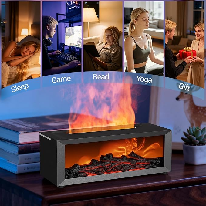 Aixiqee Yellow Fireplace Diffuser, Flame Fireplace Aroma Diffuser for Essential Oils, Colorful Aromatherapy Fireplace Humidifier with Remote Control & Timer