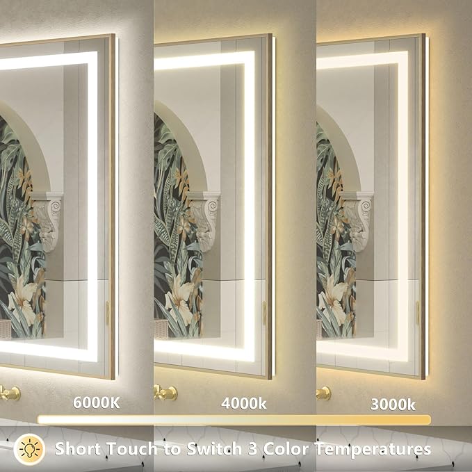 OKPAL 44x36 Gold Lighted Bathroom Mirror with Lights, Frontlit & Backlit LED Bathroom Mirror, Lighted Vanity Mirror, Anti-Fog, Dimmable 3 Colors, Shatterproof, Horizontal/Vertical