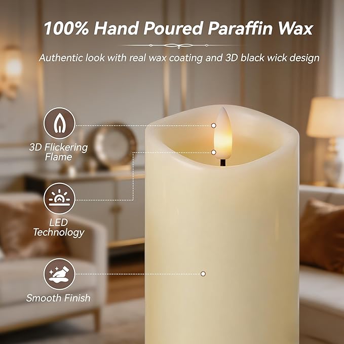 Rechargeable Flickering Flameless Candles Melted Edge Battery Operated with Remote and Timer, Real Wax LED USB Type-C Pillar Candles, Set of 3 (3" x 4",5",6"), Ivory,Spring Home Decor