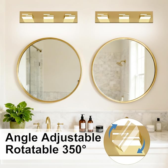 LED Modern Bathroom Vanity Light Fixtures, 3-Light 22-inch Dimmable Gold Vanity Lights for Bathroom Lighting Fixtures Over Mirror, with 350° Rotatable Heads (Cool White 6000K)