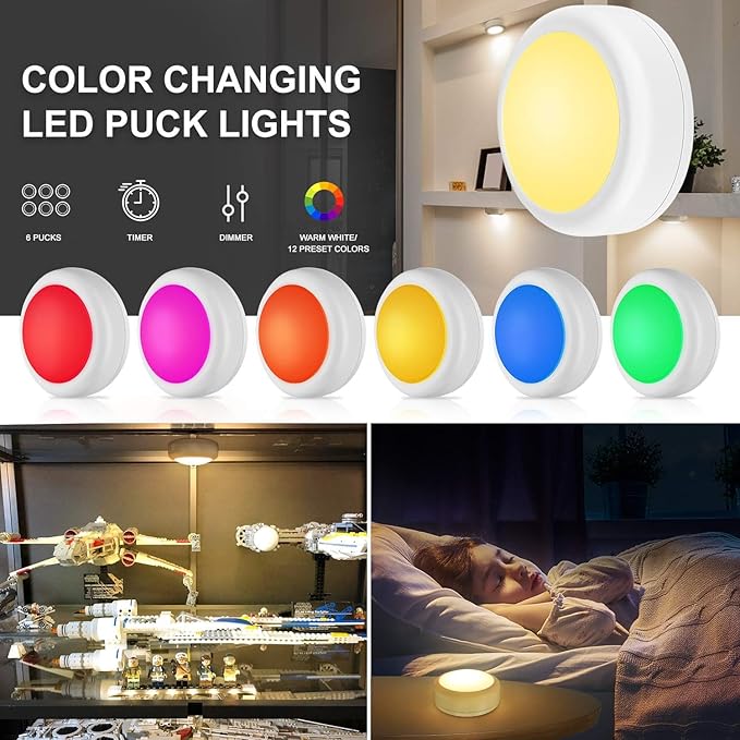 BLS LED Puck Lights with Remote Control, Wireless Under Cabinet & Closet Lighting, RGB 13 Color Changing Lights with Dimmer, Timer & AA Battery Operated, Push, Touch, Stick on for Night, White, 6 Pack