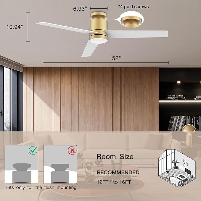 52” Smart Flush Mount Ceiling Fans with Lights Remote,Quiet DC Motor,Outdoor Indoor Low Profile Ceiling Fan,Voice Control via WiFi Alexa App,Modern Gold and White Black Fan for Bedroom Patio