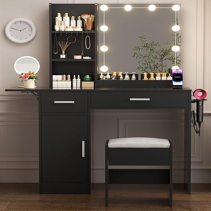 Vanity Desk with Mirror and Lights, 43.3" Makeup Desk with Stool and Power Outlet, 5 Drawers and Open Shelves Make Up Table for Bedroom, Black