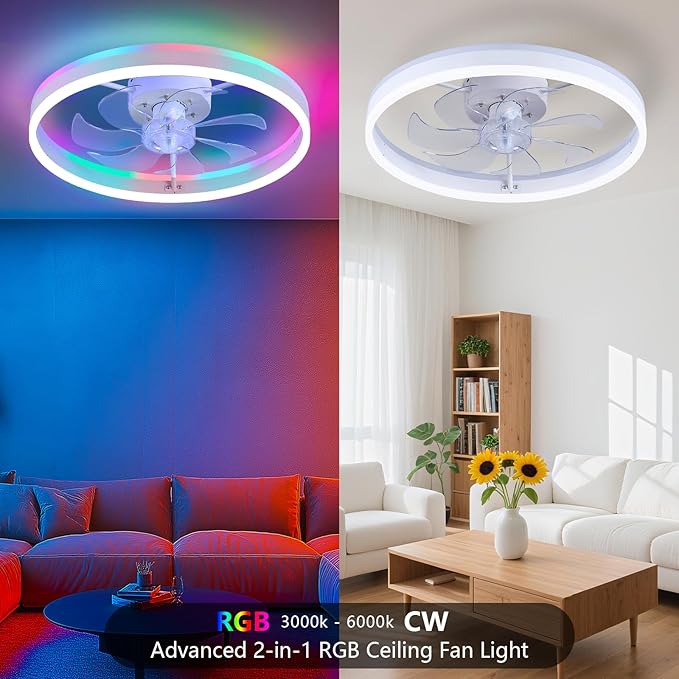 STERREN RGB Ceiling Fans with Lights, 20'' Smart LED Ceiling Fan with Remote/APP Control, Modern Low Profile Bladeless Chandelier Fan, Dimmable White Fandelier for Bedroom, Living Room, Kitchen