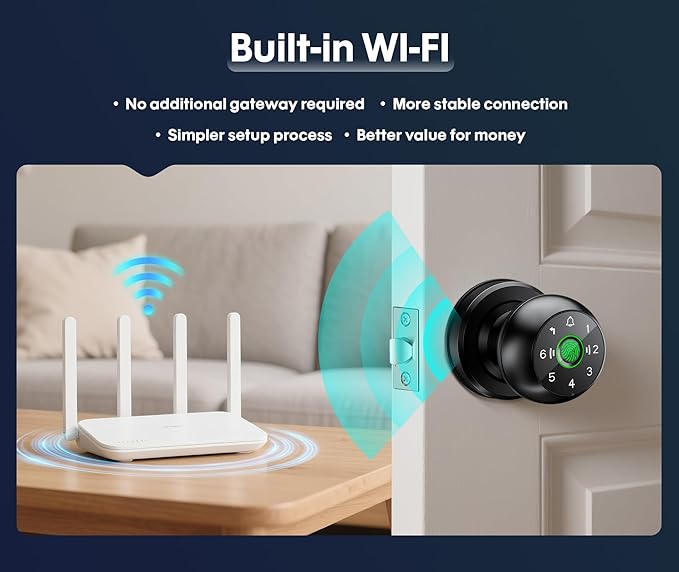 【WiFi-Triggered】 5-in-1 WiFi Smart Fingerprint Door Knob Lock with Keypad - Lock-Side Programming, Local Data Storage, Doorbell-Triggered Remote Unlock, Real-Time Alerts - Ideal for Bedrooms, Offices