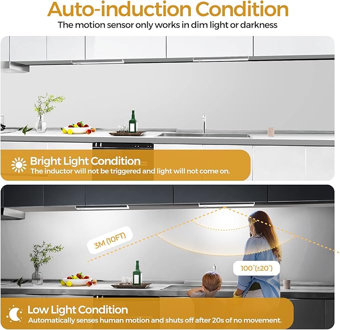 3 Pack Under Cabinet Lights, 32 LED Cold White Rechargeable Under Cabinet Lighting Motion Sensor LED Lights for Kitchen, Counter, Closet, Stairs (Silver - Cold White Light, 8.07 Inch - 3 Pack)