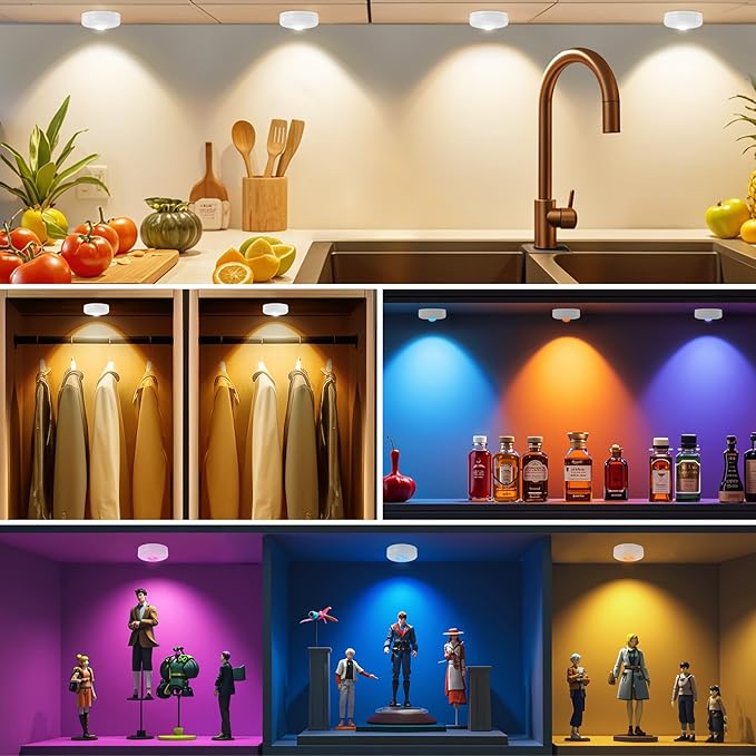 LED Puck Lights with Remote Control, 13 Colors Battery Operated Tap Lights, Dimmer& Timer Magnetic Under Cabinet Light, Wireless Stick on Light for Closet, Bedroom, Kitchen White 3Pcs
