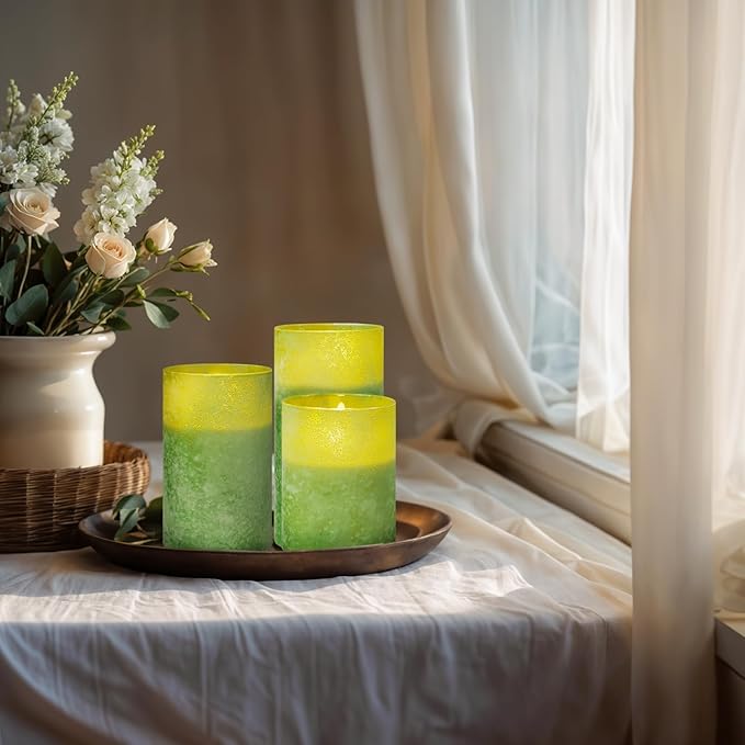 Mingfuxin Green Flameless Candles with Remote, Real Wax Battery Operated Candles with Timer, Set of 3 Electric LED Pillar Fake for Party Halloween Christmas Home Living Room Decor