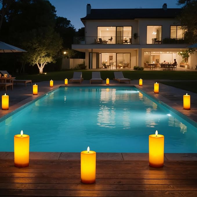 IMAGE 4"x8" Waterproof Rechargeable Flameless Candles with Timer & Remote Control, Fake LED Pillar Plastic Candles Light for Outdoor, Lanterns, Porch, Flickering & Long Lasting, Set of 2
