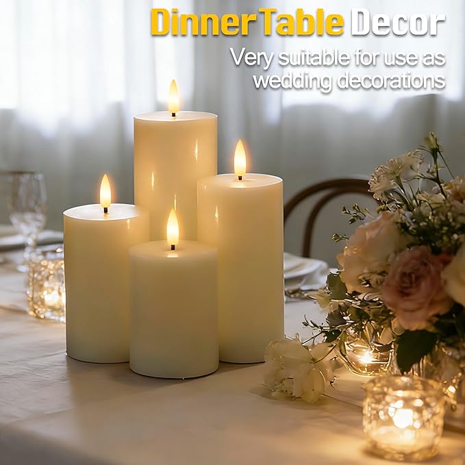 Flameless Pillar Candles with Remote Set of 4, Real Wax LED Battery Operated Candles, Safe Home Décor for Living Room, Bedroom, and Dining Table, Ivory