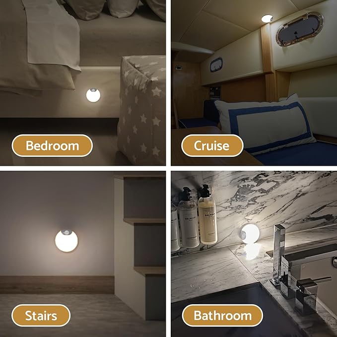 Rechargeable Night Light Motion Sensor Stair Lights Indoor Wireless, Battery Operated, Magnetic, Dimmable, for Stairway, Hall, Bathroom, 4-Pack