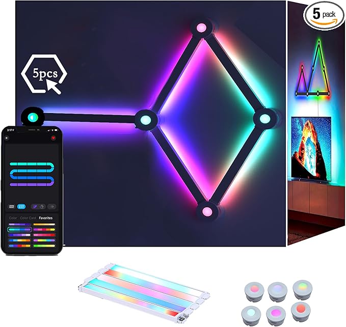 RGB Wall Light lines, Smart Gaming LED Lights DIY Geometry Splicing Gaming Wall Light Bar, Backlit Modular APP Control Colour Changing for Game Room,Bedroom,Home Decor Lights (5 Lines, White)
