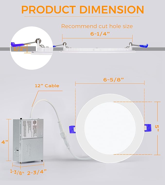 CLOUDY BAY 6 inch 3000K/ 4000K/ 5000K Three Color Temperature Selectable, Dimmable 15W CRI 90+, Ultra Thin LED Recessed Light with Junction Box, Canless Wafer Downlight, Damp Location,White, 12 Pack