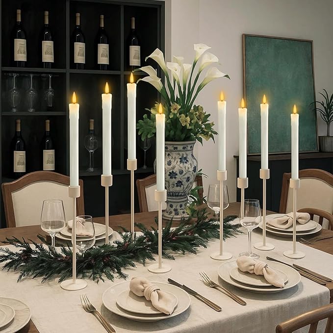 Homemory 6 PCS Real Wax Flameless Taper Candles with Remote, Flickering LED Candlesticks with Timer Dimmer, Fake Candles for Xmas Wedding Celebration Decor, White, 9.6 Inches