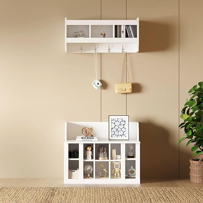 Contemporary Shoe Storage Bench with Wall Mounted Coat Rack, Elegant Hall Tree for Entryway, Mudroom, White