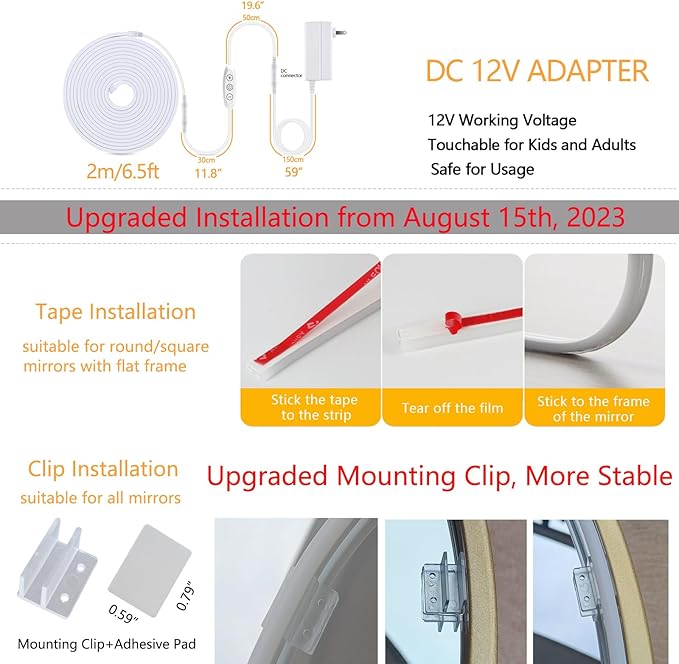 Flexible Vanity Light Strip LED Vanity Lights for Mirror Dimmable Mirror Lights for Makeup Cuttable 6.5ft Makeup Light Strip 6500K Daylight for Dressing Table, Bathroom Mirror, and DIY Mirror