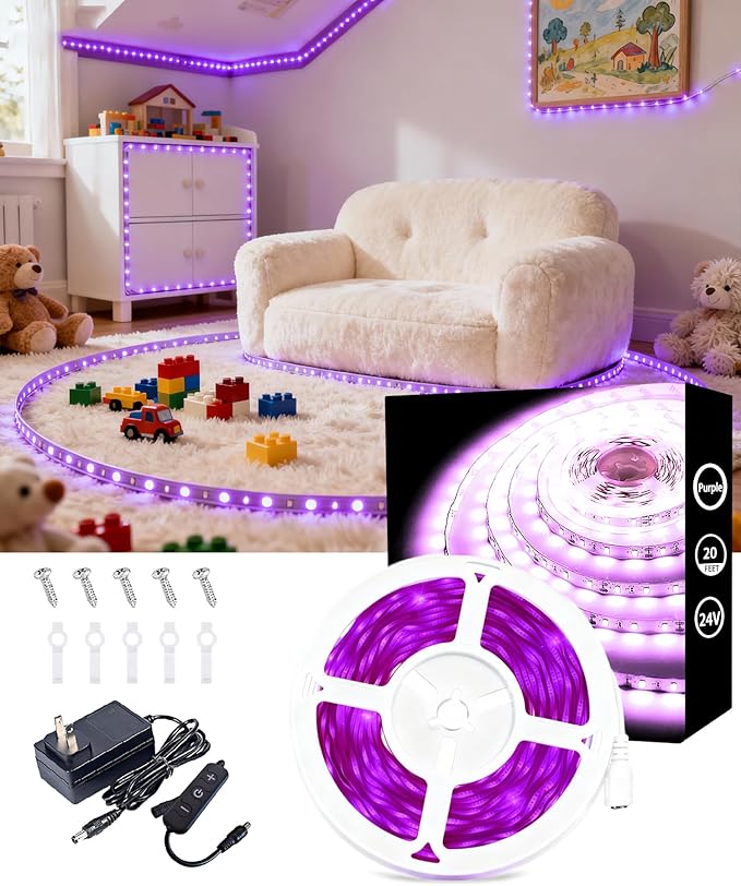 Purple Led Lights Strip for Bedroom Indoor Rope Lights Black Pagage Led Light Strip Kit Easy DIY Cuttable Tape Lights for Room Bathroom Living Room Kitchen Ceiling Wall Vanity Mirror Decor