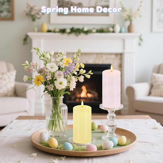Pastel Flameless Candles, Set of 2 6"x3" Flickering Spring LED Candles with Remote & Timer, Dimmable Real Wax Easter Pillar Candles Battery Operated, Electric Candles for Home Spring Easter Decor