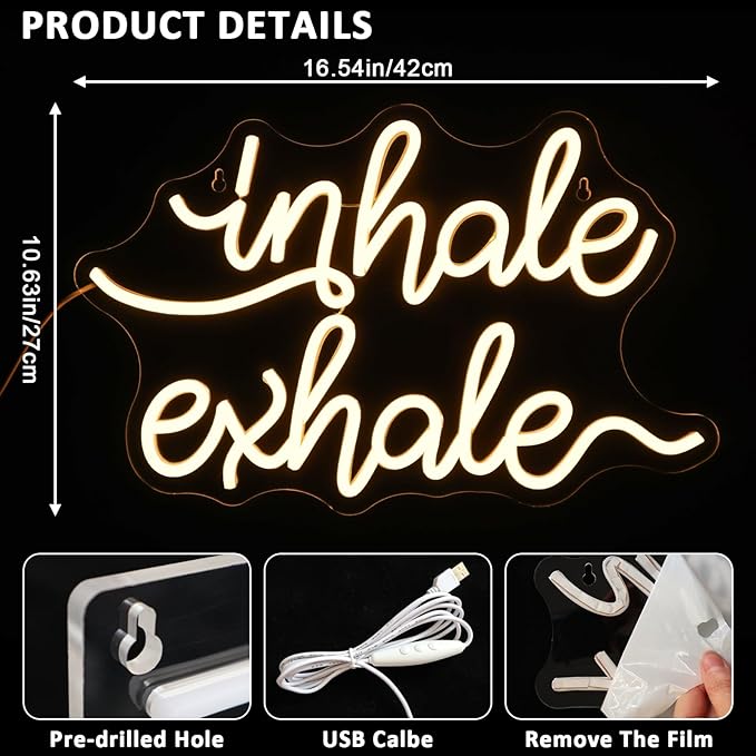 Inhale Exhale Neon Sign for Wall Decor, Warm White Led Signs for Room, USB Dimmable Neon Lights for Yoga Meditation Studio Bedroom Home Living Room Party Cafe Business Pub Wall Art