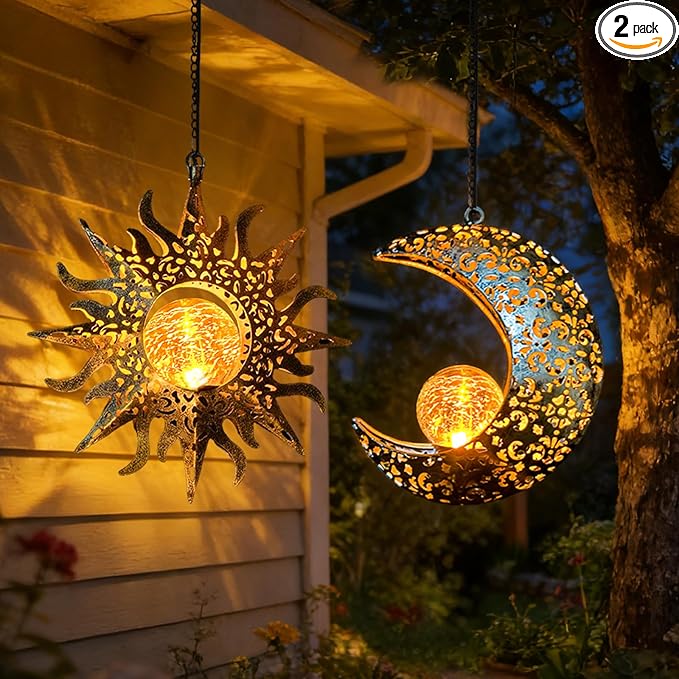 Solar Hanging Sun and Moon Lights Garden Outside Decor,2 Pack Metal Lanterns Outdoor Sunflower Art Decorations for Porch Backyard Patio Wall Tree,Unique Gardening Gifts for Women Mom Grandma