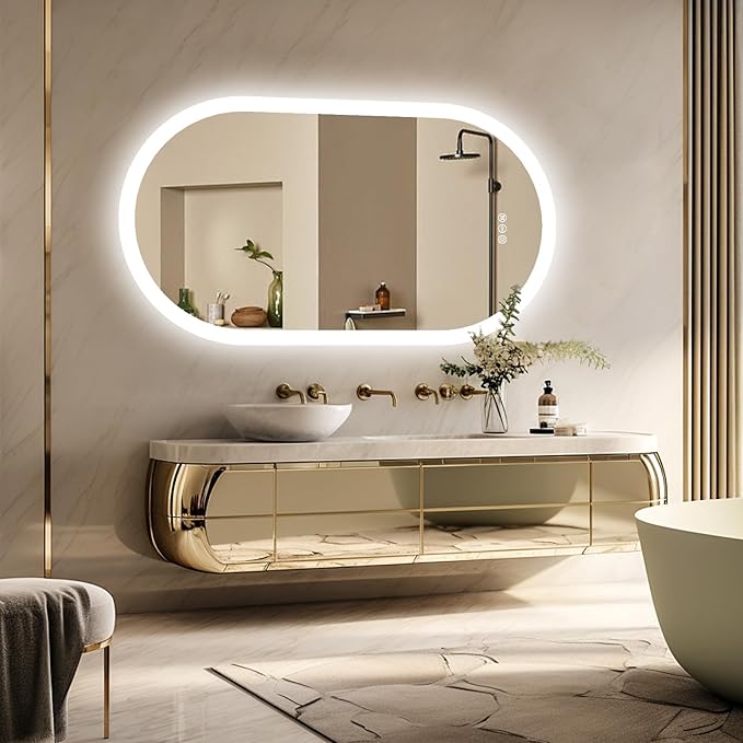 LUVODI Lighted LED Bathroom Mirror: 48x24IN Wall Mounted Dimmable 3 Colors Makeup Mirror with Bright Back Lit - Smart Mirror Anti Fog with Touch Switch Memory Function for Restroom Bedroom Living Room