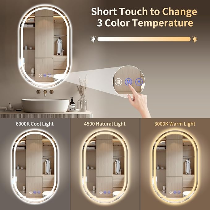 Oval LED Bathroom Mirror, 24"x 48" Frameless LED Mirror with Front Light and Backlit, Anti-Fog, Dimmable Modern Wall Mounted Lighted Mirror，Pill-Shaped Smart Mirror Bathroom
