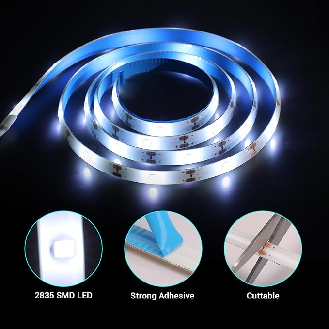 Battery Powered Led Strip Lights White, Self-Adhesive, Cuttable, Waterproof, 3.3FT 30Led Strip Lights for Kitchen Cabinet Cupboard TV Bedroom Decor
