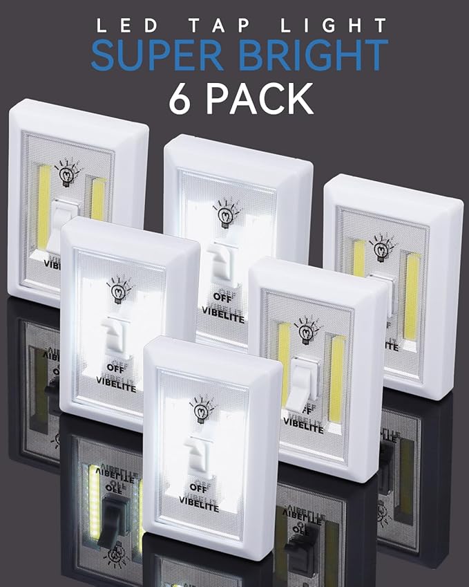 VIBELITE Closet Light, Battery Operated Switch Light, Tap Light, Touch, Push Night Lights, Wall Wireless Mount Under Cabinet, Shelf, Shed, Kitchen, Garage, Attic, RV, Lighting Installations (6-Pack)