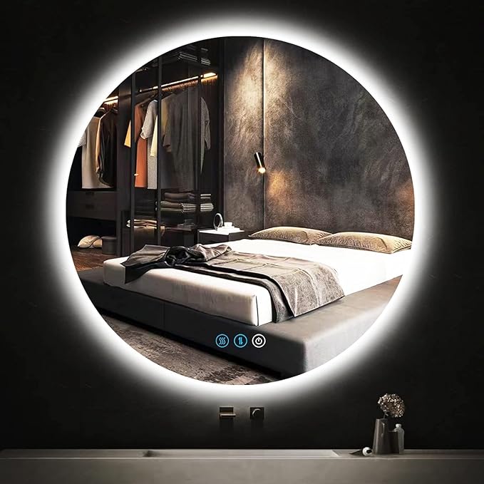 32 Inch Backlit LED Round Mirror with Lights 3 Color Adjustable Brightness AntiFog Frameless 32" Round Circle Lighted Vanity Mirror for Bathroom Wall Circle Rounds Light up Smart Mirrors