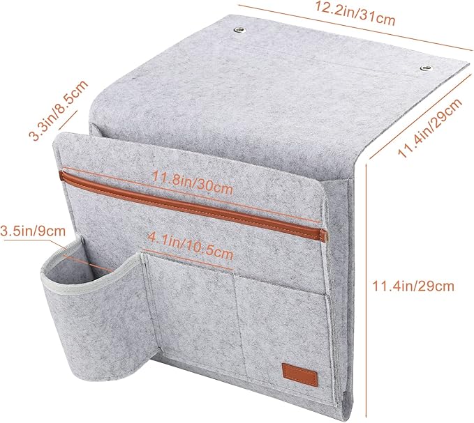 Surblue Bedside Caddy Felt Bedside Storage Organizer with Water Bottle Holder for TV Remote Control Phone Glasses Magazine 7 Pockets(Light Grey)