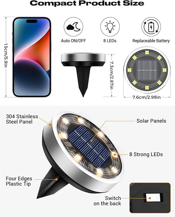btfarm 1 Pack Solar Lights Outdoor, 8 LED Solar Ground Lights IP65 Waterproof Flat Solar Disc Light, Pathway Lights for Garden Lawn Patio Yard Path Landscape, Warm White