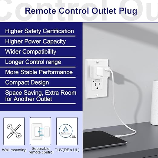 Remote Switch Outlet 2Sets, GreenCyle Outlet Plug with Remote, Wireless On/Off Light Switch Wall Mounted, 15A/1500W, TUV Listed, No Wiring Needed, 500ft RF Range, for Lamps, Fans, Household