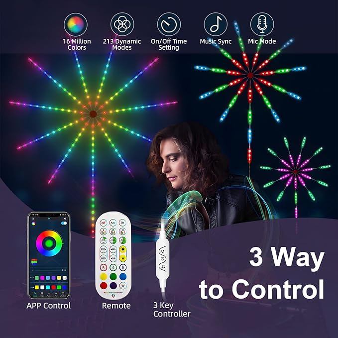 WiFi Bluetooth Smart Fireworks LED Light, Dream Colors LED Firework Lights Indoor with 16 Colors & 10 Lighting Modes, App and Remote Control, for Room, Party, Christmas, Festival Decor (20inchs)