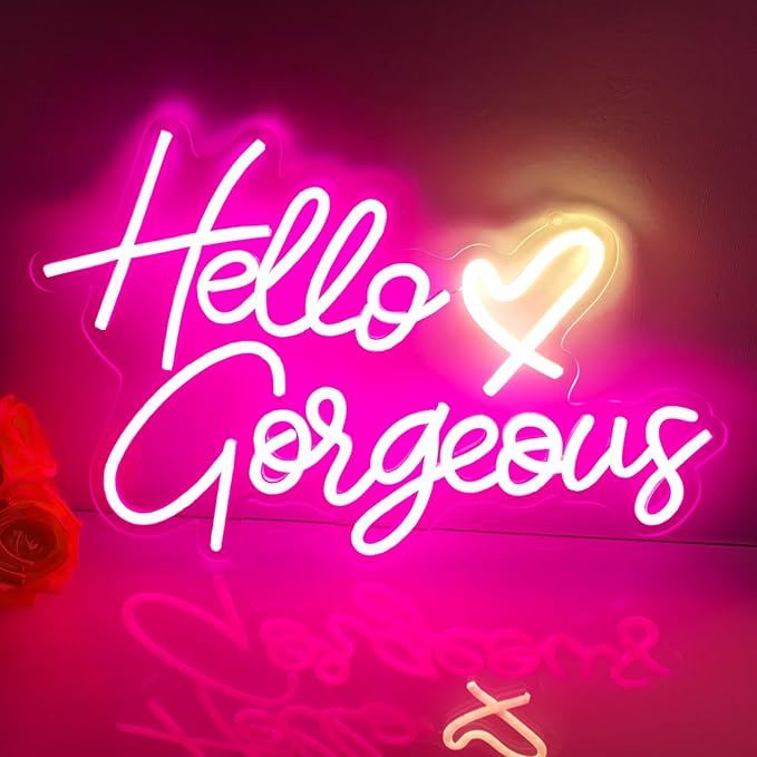 Hello Gorgeous Neon sign Pink LED Neon letters Heart decorative wall lights Girl Room Wedding anniversary Engagement birthday Party decoration with USB power supply (5V,16.5X11inches)