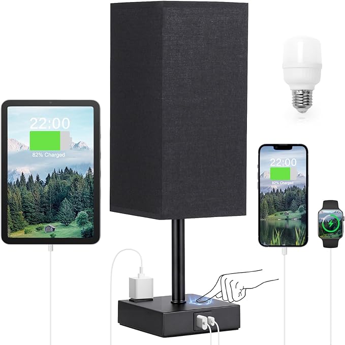 aooshine Black Lamp for Bedroom-Touch Lamp with USB-C+A and AC Outlets,3 Way Bedside Nightstand Square Table Lamp for Kids, Guest Room Living Rroom,Office, 800 Lumens 5000K Daylight Bulbs Included