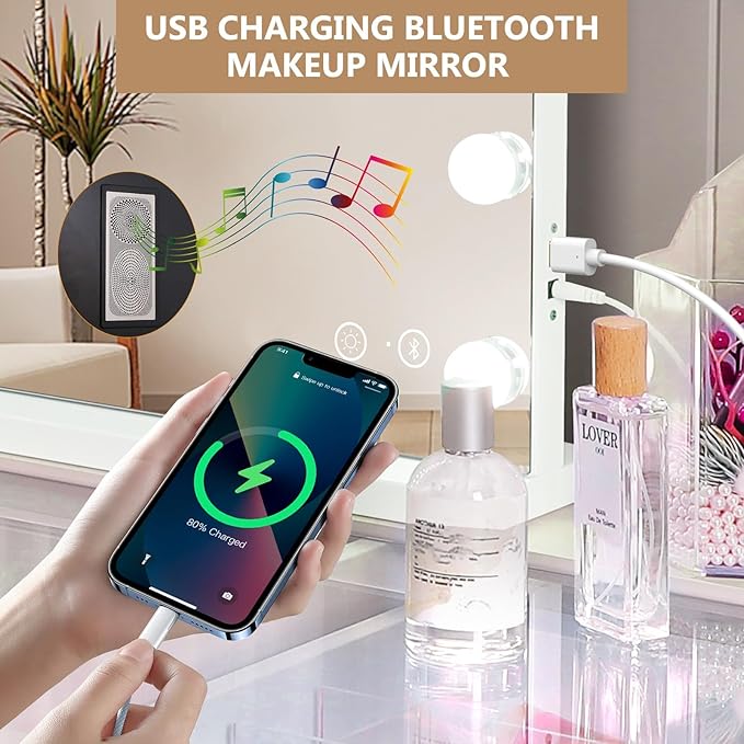 Fenair Large Vanity Mirror with Lights and Speaker Hollywood Lighted Makeup Mirror with Sturdy Base, 18 Dimmable LED Bulbs, 3 Light Colors, USB Charge Port