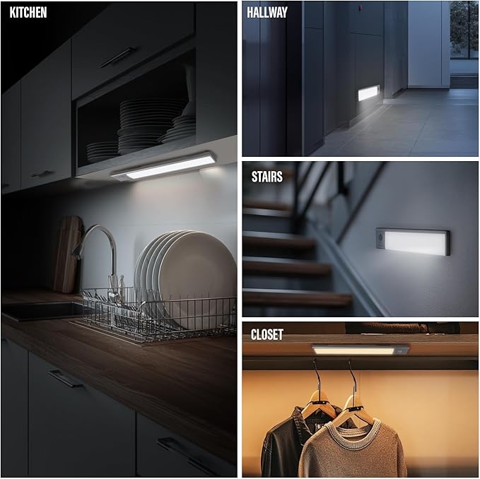 2 Pack Under Cabinet Lighting, 3 Colors & Dimmable Motion Sensor Light Indoor, 900mAh Rechargeable Under Cabinet Lighting Magnetic for Kitchen, Stairs, Closets, Silver(Aluminum Alloy+ABS +PC)