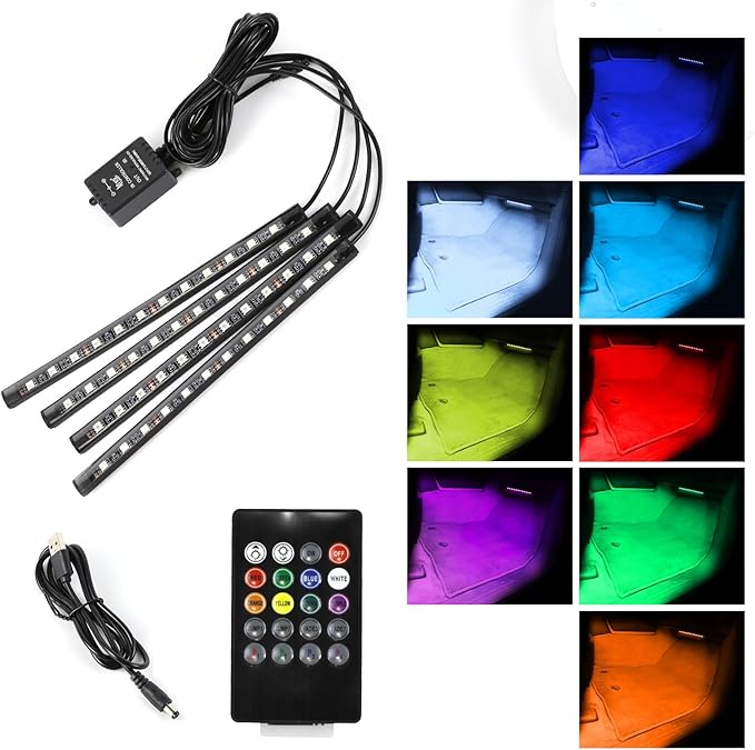 Car Led Interior Lights, 48 LED Multi Color Strip Light Under Dash Lighting Kit with Remote Control, 12V Vehicle RGB Smart Music Sync Color Change Lights, Car Accessories (USB+Remote)