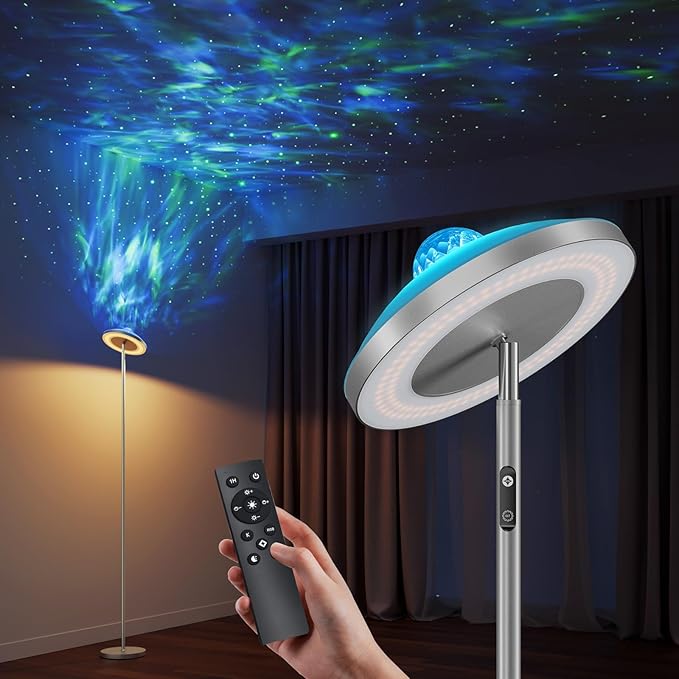 DUSKTEC Floor Lamp with RGB Star Projector, 15W 1400LM Dimmable 4 Color Temperatures LED Standing Lamp with Remote, Modern Tall Corner Lamp for Living Room, Bedroom, Office (Silver)