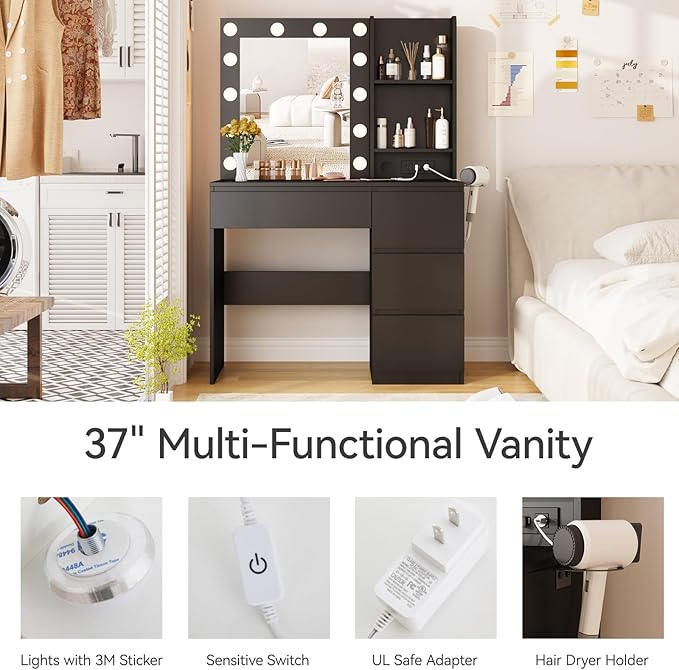 Fameill Black Makeup Vanity with 10 Lights & Power Outlets, Big Vanity with 3 Storage Compartments, Vintage Vanity Set with Large Drawer and Cabinet, 45in