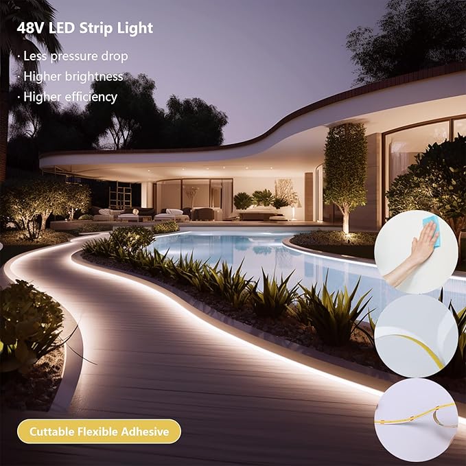 48V Outdoor LED Strip Lights Waterproof, 65.6ft 150W 3000K Warm White Dimmable LED Tape Light Cuttable with Power Supply for Bedroom Ceiling Garden Living Room Commercial House