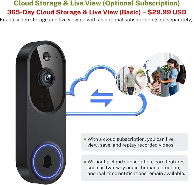 1080P Wireless Video Doorbell Camera, Outdoor Surveillance Cameras, FHD Live View, Cloud Storage, AI Human Detection, Instant Alert, Night Vision, Two Way Audio, 2.4G WiFi Only