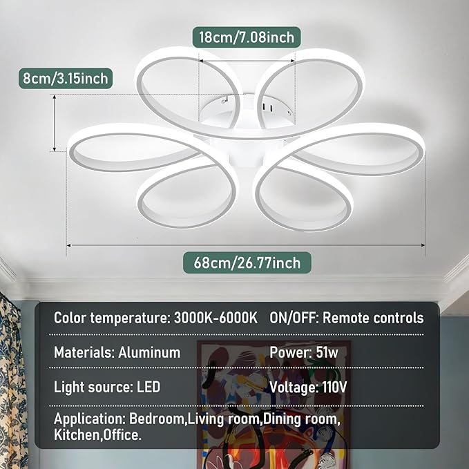 26inch Modern LED Ceiling Light, 6 Rings Flower Flush Mount Light Fixture with Remote Control White Dimmable Ceiling Lamp for Living Room, Bedroom, Dining Room, Hallway, Kitchen