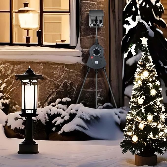 24-Hour Outdoor Light Timer – Water-Resistant, Photocell Dusk to Dawn Sensor, 2/4/6/8-Hour Countdown Timer, Three Grounded Outlets – Ideal for Home, Christmas Lights, Garden – 15A, UL Listed