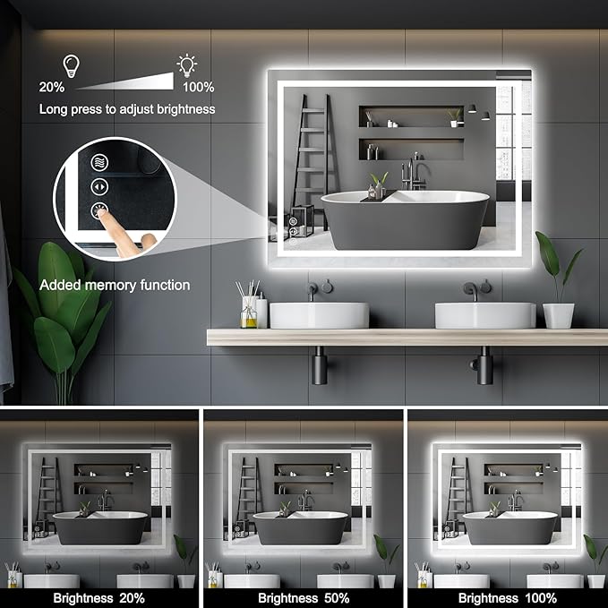 40x32 LED Bathroom Mirror with Lights, Anti Fog Vanity Mirror Wall Mounted, Dimmable Front Light and Backlight, Memory Function Tempered Glass, Shatter Proof ETL Listed