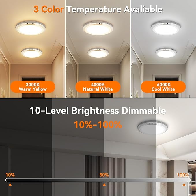 Rechargeable Motion Sensor Ceiling Light Indoor Outdoor w/Remote, 7.08 Inch Battery Operated Flush Mount Ceiling Light 3000K 4000K 6000K 400LM Dimmable for Closet Hallway Laundry Stairs (2)