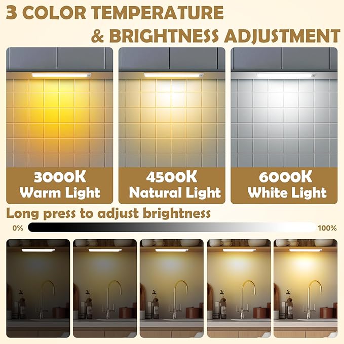 16 inch Under Cabinet Lighting, 80 LED Motion Sensor Closet Light, 1500mAh Rechargeable Battery Dimmable 3 Color Temperature Magnetic Wireless for Kitchen, Shelf, Stairs, Wardrobe, 6 Pack